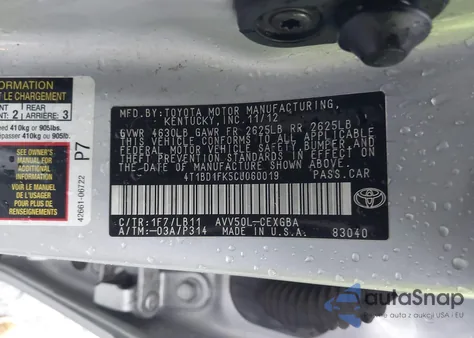 2012 Toyota Camry Hybrid Xle from USA, damaged, VIN 4T1BD1FK5CU060019